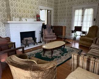 cane back chairs, french provincial living room furniture, rugs, filing cabinet