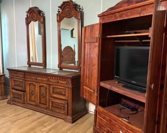 bedroom set with double mirrors and tv center