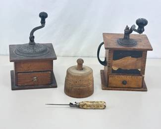 Lot of Antique Wood Coffee Bean Grinders, Cookie Embosser, and Ice Pick