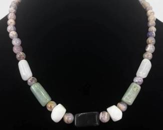 Amethyst, Nephrite, etc. Semi-Polished Stone Necklace