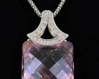 .925 Sterling Silver Larger Faceted Pink Sapphire Crystal Pendant Necklace