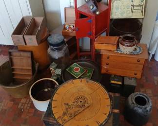 Antique Sundial,Griswold Cast Iron,Kraft Cheese Wood Boxes