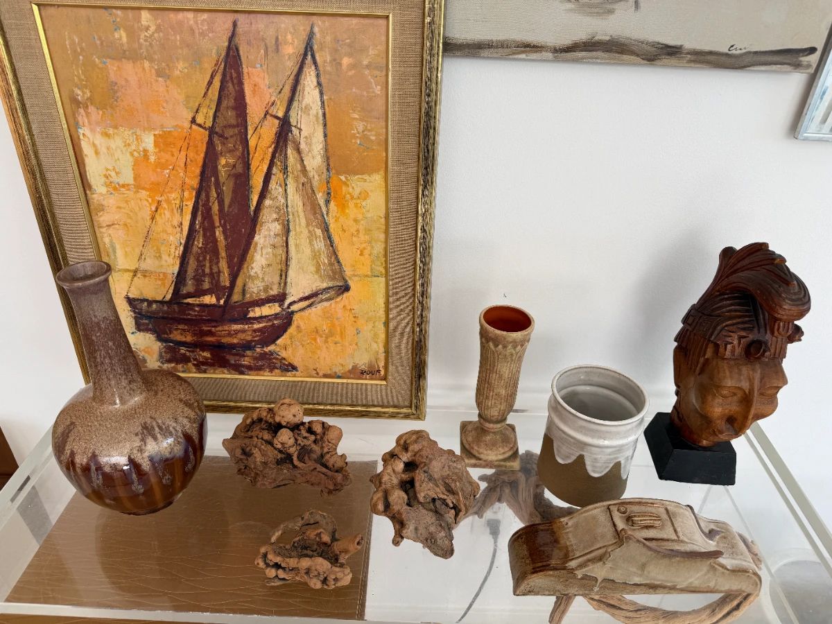 MCM signed painting of ships, hand made pottery, and wood "sculpture"