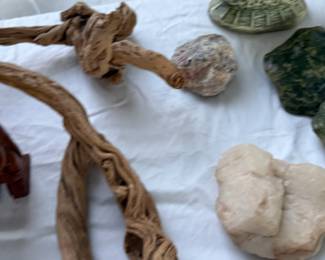 driftwood rocks and crystals