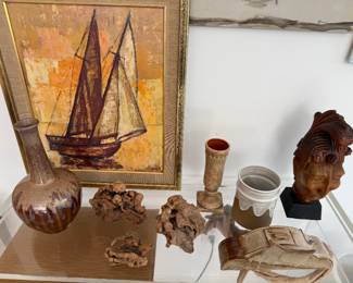 MCM signed painting of ships, hand made pottery, and wood "sculpture"