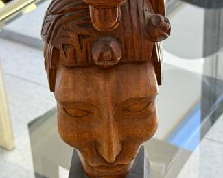 Wooden Mid Century hand carved head on wooden stand