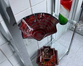 Hand made pottery dish, MCM glass, CA pottery stand