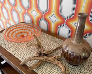 Hand crafted pottery vase, MCM orange blow and MD driftwood sculpture