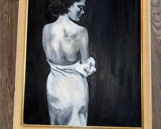 Black and white oil painting of woman