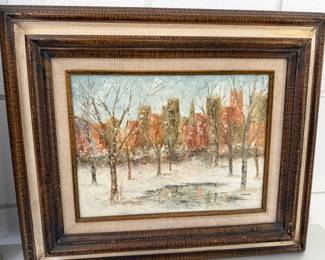 Mid Century oil of city park signed