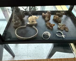 Jade animals, bone elephant, old metal Asian items, sterling