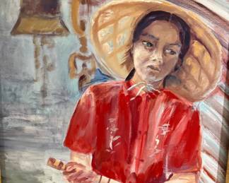 Oil of Asian woman in gold frame