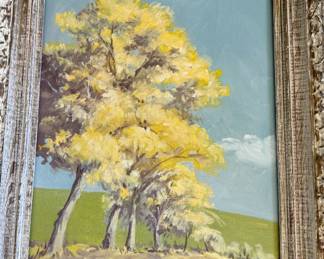 Stunning Mid Century oil of blooming California trees in vintage frame