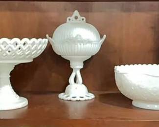 Collectible milkware dishes and stands 