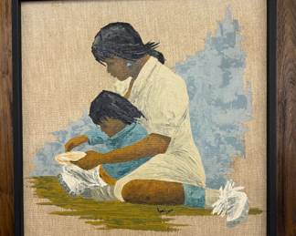 Oil on cloth Mid Century picture of woman and child