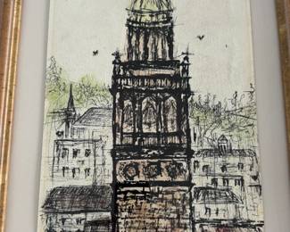 Vintage MCM European city scape sketch