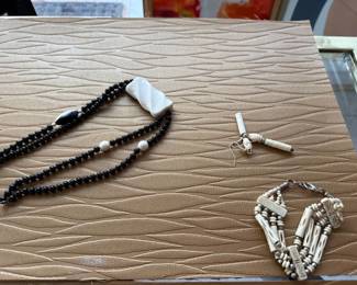 Bone and other necklace and earrings