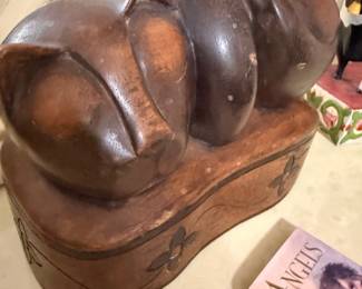 Vintage Hand Carved Wooden Sleeping Cat Figurine