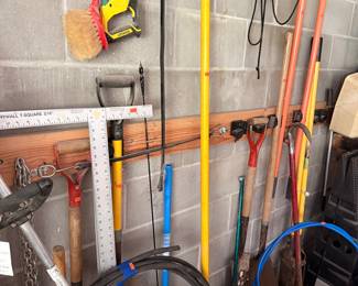 Assorted Hand Tools and Garden Implements with Tool Rack