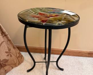 Glass Top Accent Table with Butterfly Motif and Metal Base