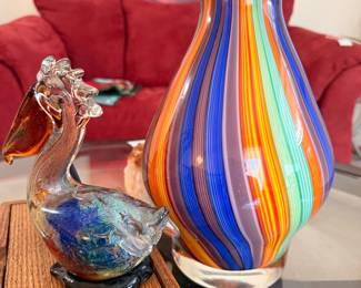 Murano Style Art Glass Pelican Figurine and Rainbow Striped Vase