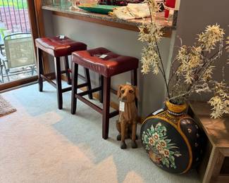 Set of Two Red Leather Tufted Bar Stools