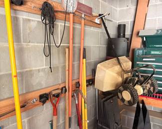 Assorted Garden Tools, Push Mower, and Masterforce Tool Chest