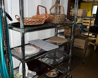 Various household items on a metal shelving unit