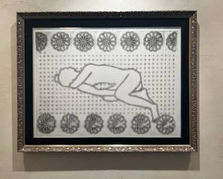 Stylized human figure on geometic pattern