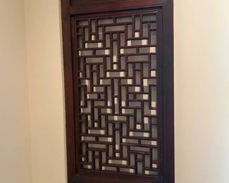 Antique-style Chinese wood wall panel with geometric lattice work