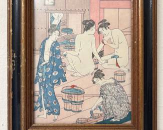 Vintage Chinese woodblock print of women in a bath house
