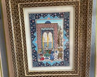 Traditional Persian miniature painting of a house with an intricate Khatam marquetry frame