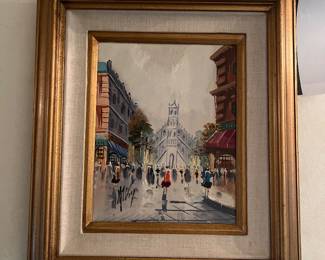 Vintage oil painting of a Parisian street scene