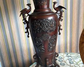Antique Japanese bronze lamp with stylized phoenix handles