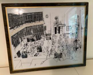 Sketch depicting a bustling financial trading room floor by Bill Olendorf
