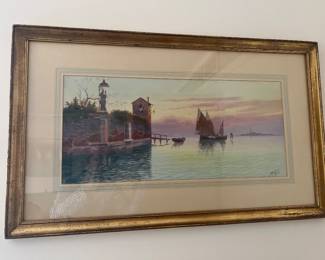 Vintage scenic fishing village painting
