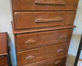Vintage Mid-Century Modern Tallboy Dresser - Sculptural Wood Pulls