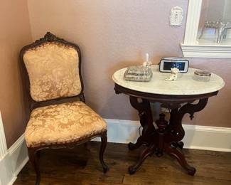French chair, marble top table 