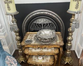 Florentine tables, monumental brass candlesticks 