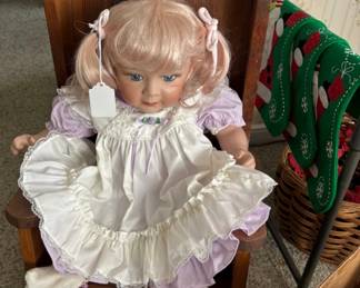 Vintage doll collection, hand-made solid wood rocking chair