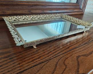 Vintage, possibly antique, gold tone filigree vanity tray