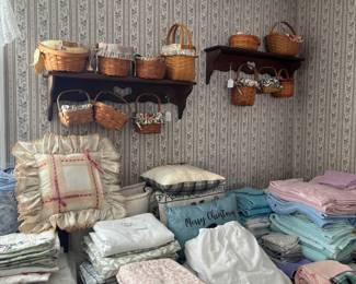 Longaberger Baskets, misc throw pillows, towel sets, sheet sets, linens, shower curtains, kitchen towels