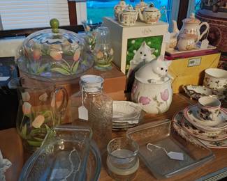 Misc china tea sets, glassware, porcelain cookie jar