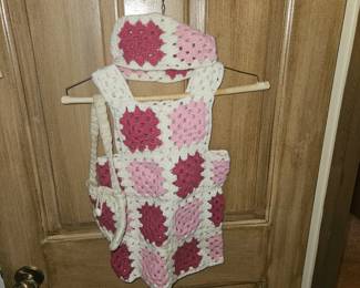 Crocheted kids dress, hat and purse