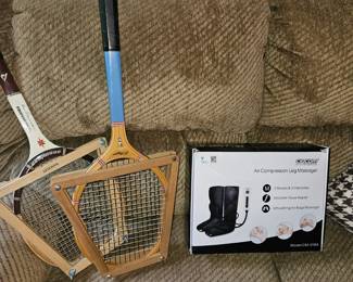 Vintage Tennis Rackets and leg compression