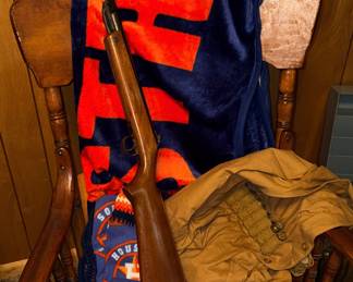 Rocking Chair, Vintage Single Shot BB Pellet Gun, Hunting Vest 
