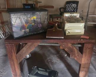 Wooden table, aquarium, rope lights