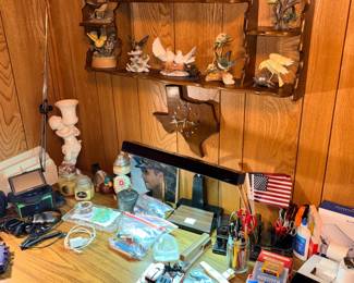Variety of Office supplies, office lamp, staples, stapler, scissors, calculators 