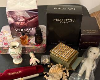 Perfume in Box, Bisque Doll, Pin, Compact