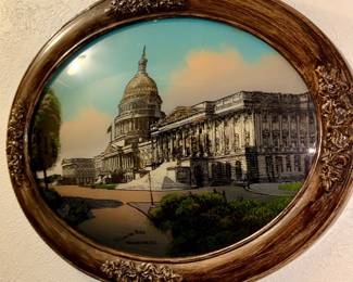 ANTIQUE OVAL CONVEX GLASS REVERSE PAINTED MOP U.S. CAPITOL BLDG WASHINGTON D.C.